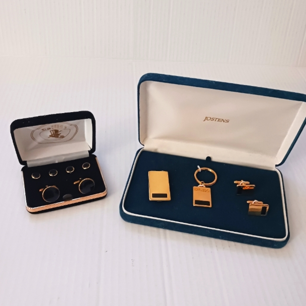 2 Vntg Mens Cufflinks Sets, Josten And Raffles Tuxedo Black & Gold Classic
